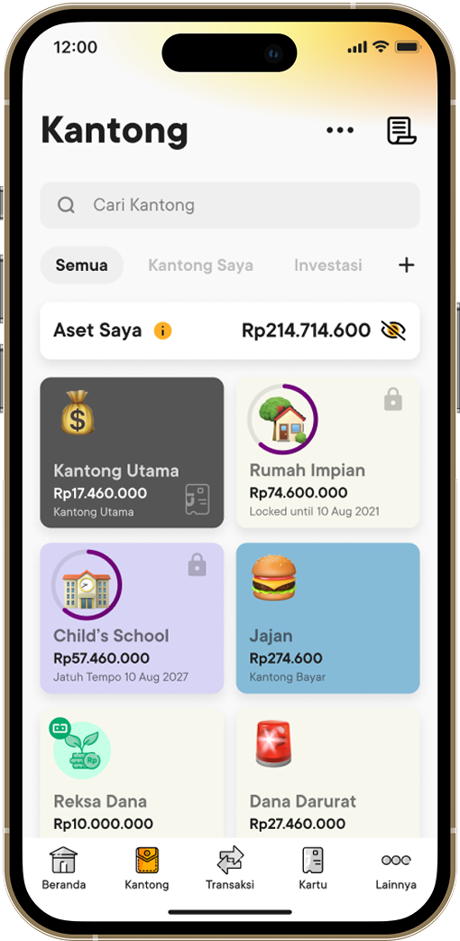 Tampilan Kantong di aplikasi Jago